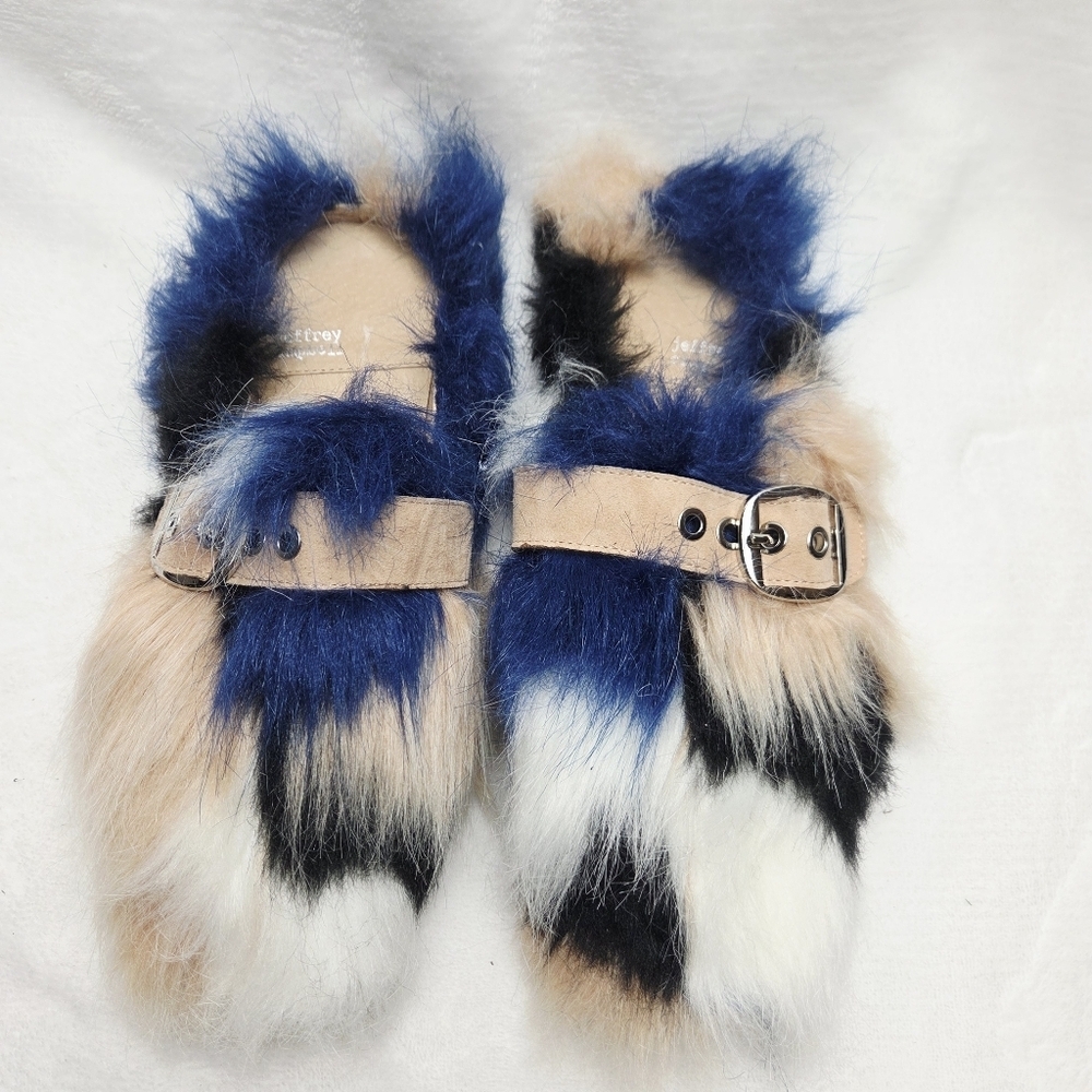 Jeffrey Campbell Rlxathome Faux Fur Mule Slide Slipper Beige Blue Combo - Picture 2 of 7